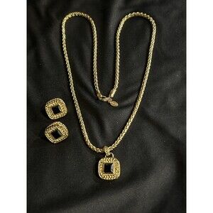 Vintage Signed Park Lane 24" Necklace and Earrings Gold Tone Black CZs J27